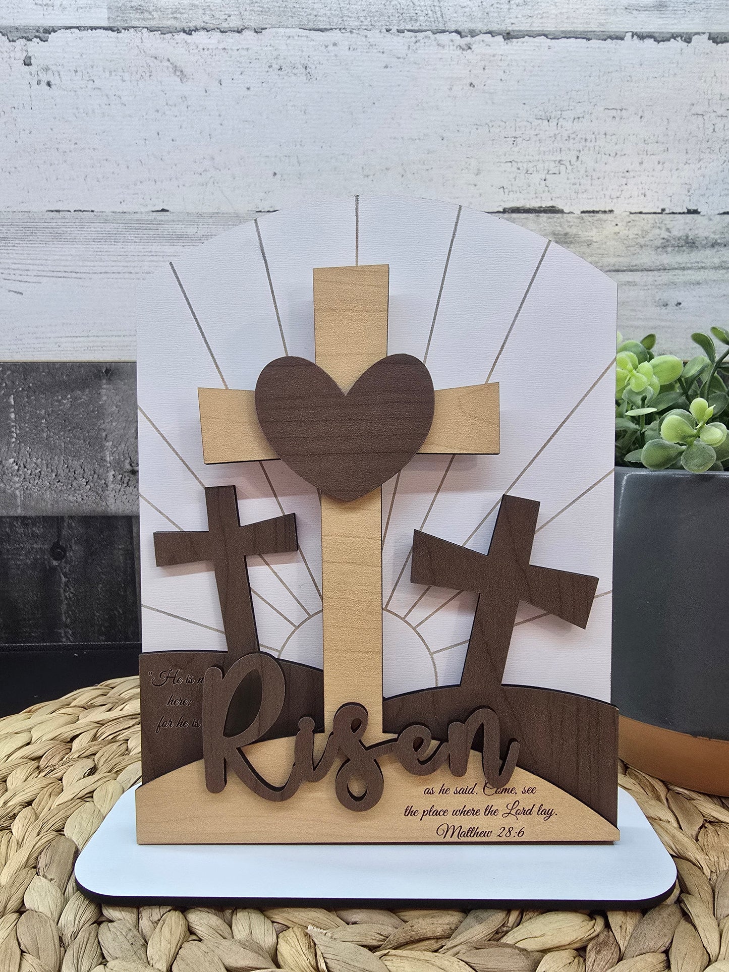 He Is Risen Wooden Layered Easter Sign – Heart‑Shaped Christian Decor – Spring Scripture Tabletop Accent