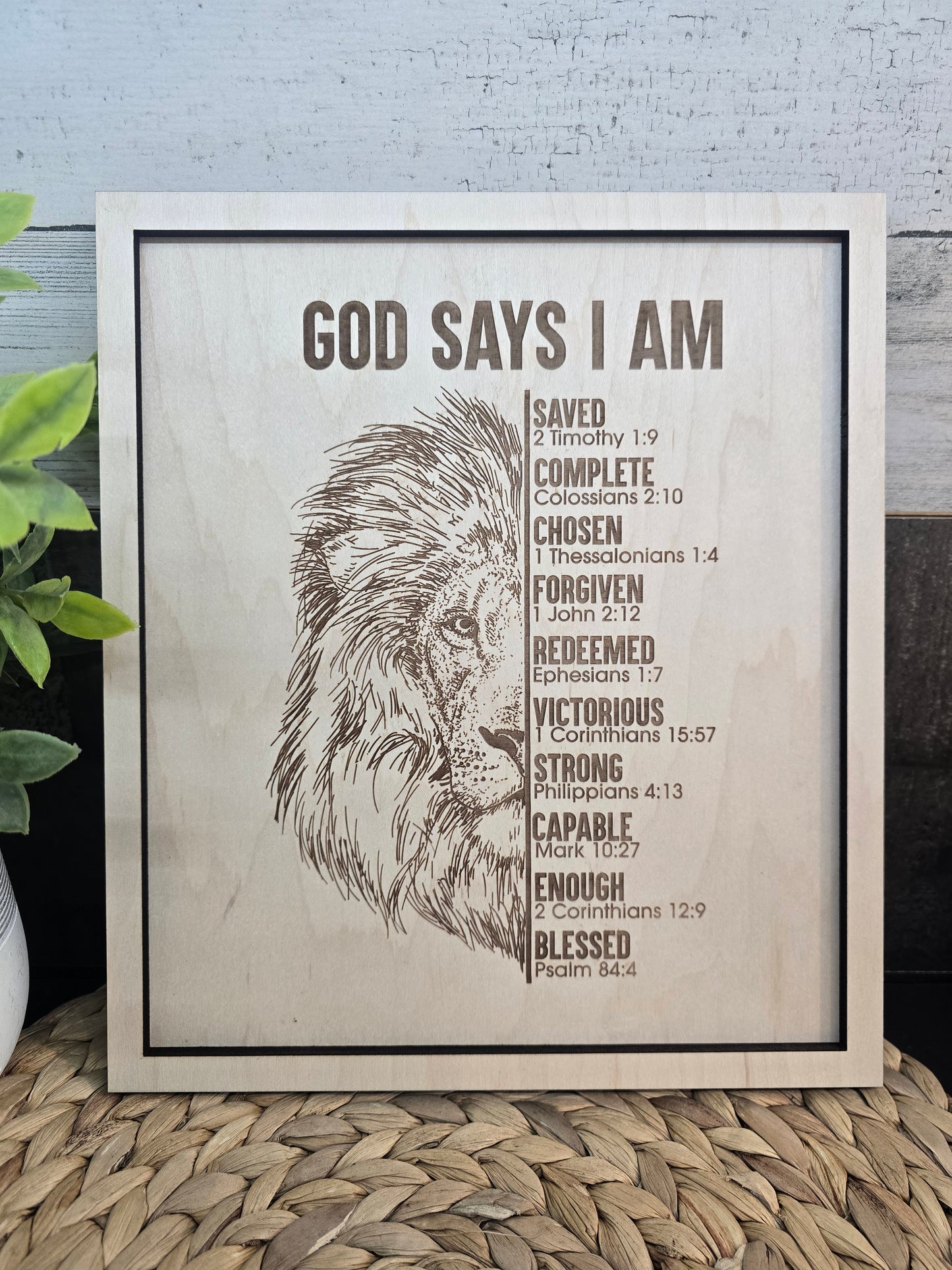 God Says I Am – Engraved Lion Sign | Christian Wall Decor | Faith‑Inspired Gift