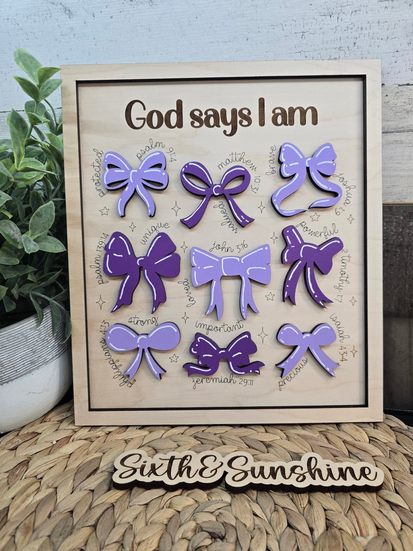 God Says I Am – Laser Engraved Christian Sign with Bow | Faith‑Inspired Wall Decor