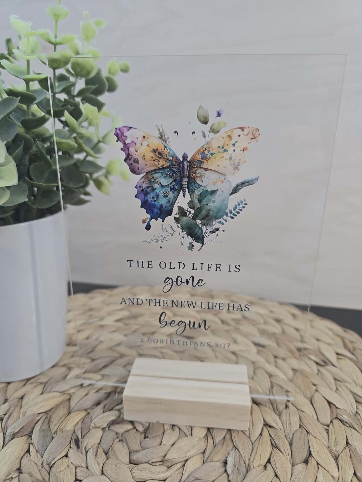 Christian New Life Scripture Acrylic Sign – 2 Corinthians 5:17 Butterfly Decor – Baptism, Recovery & New Beginnings Gift