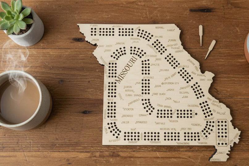 Missouri Shaped Cribbage Board – Two‑Layer Maple Wood | Raw or Oiled Finish | Includes 12 Pegs