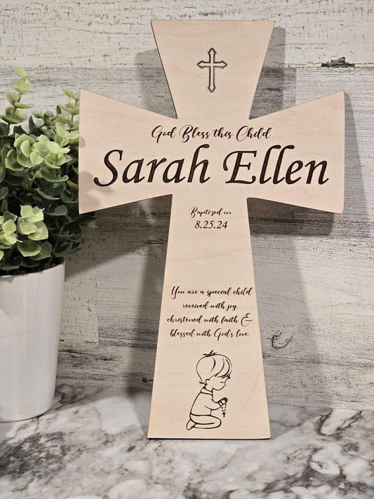 Custom Baptism Cross with Name & Date – “God Bless This Child” Engraved Keepsake