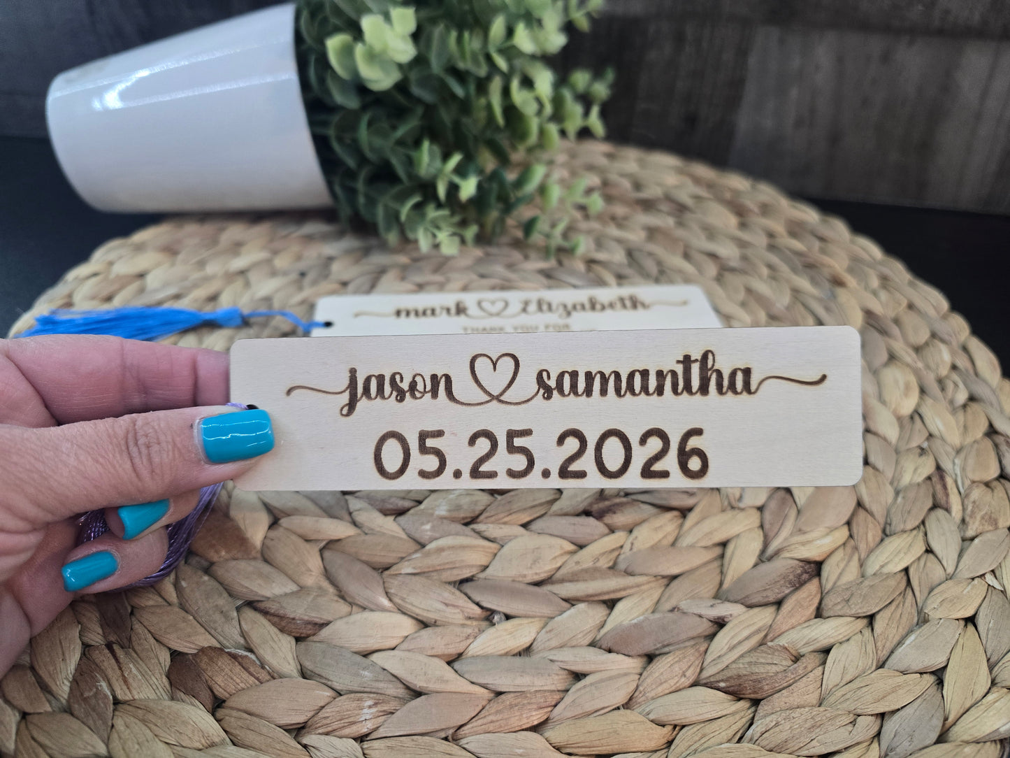 Personalized Wedding Favor Bookmark • Custom Save the Date • Laser‑Engraved Wood Bookmark with Chiffon Ribbon
