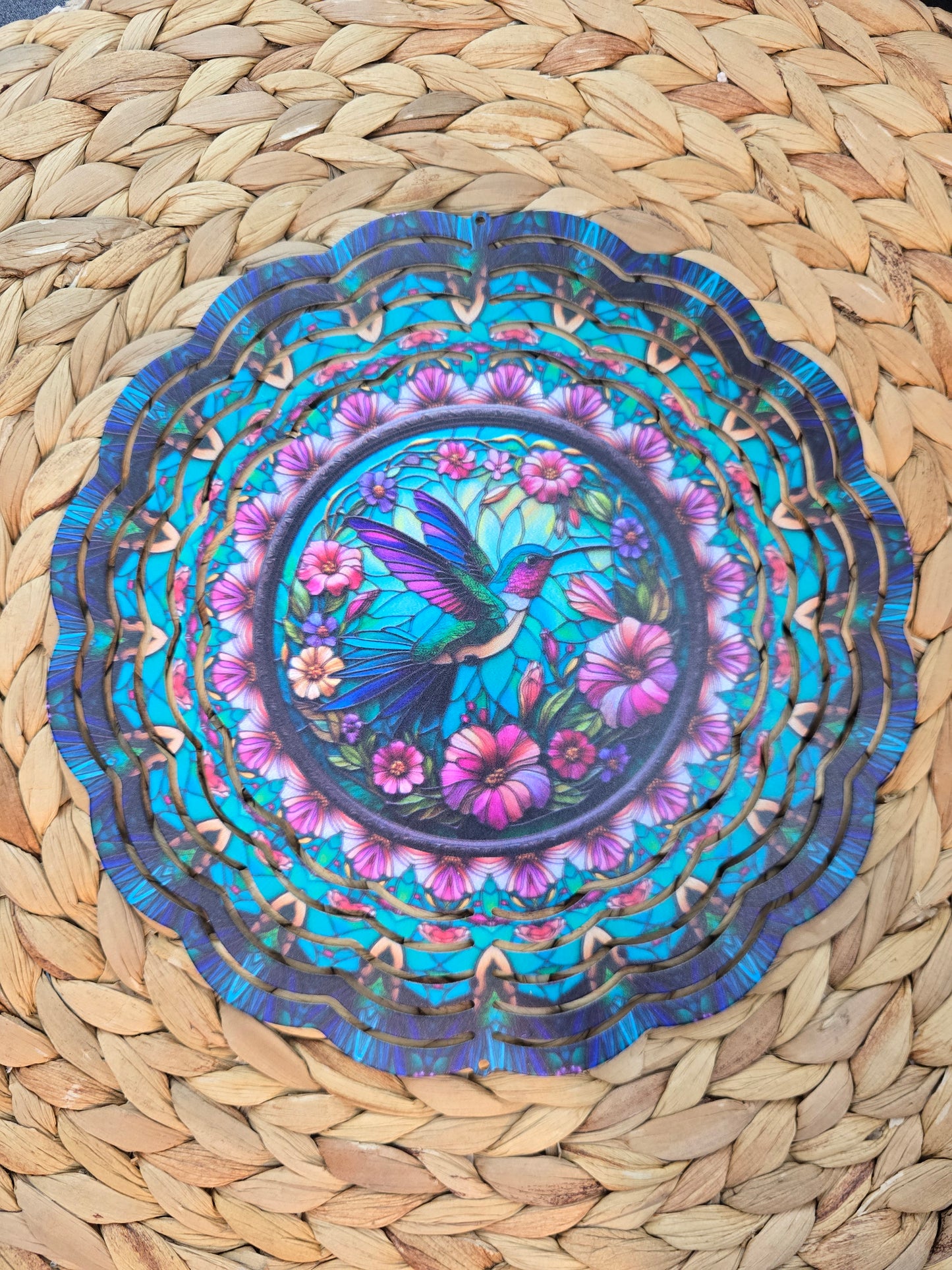 Hummingbird Wind Spinner – 8” Blue & Pink Garden Decor