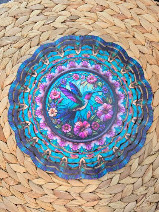 Hummingbird Wind Spinner – 8” Blue & Pink Garden Decor