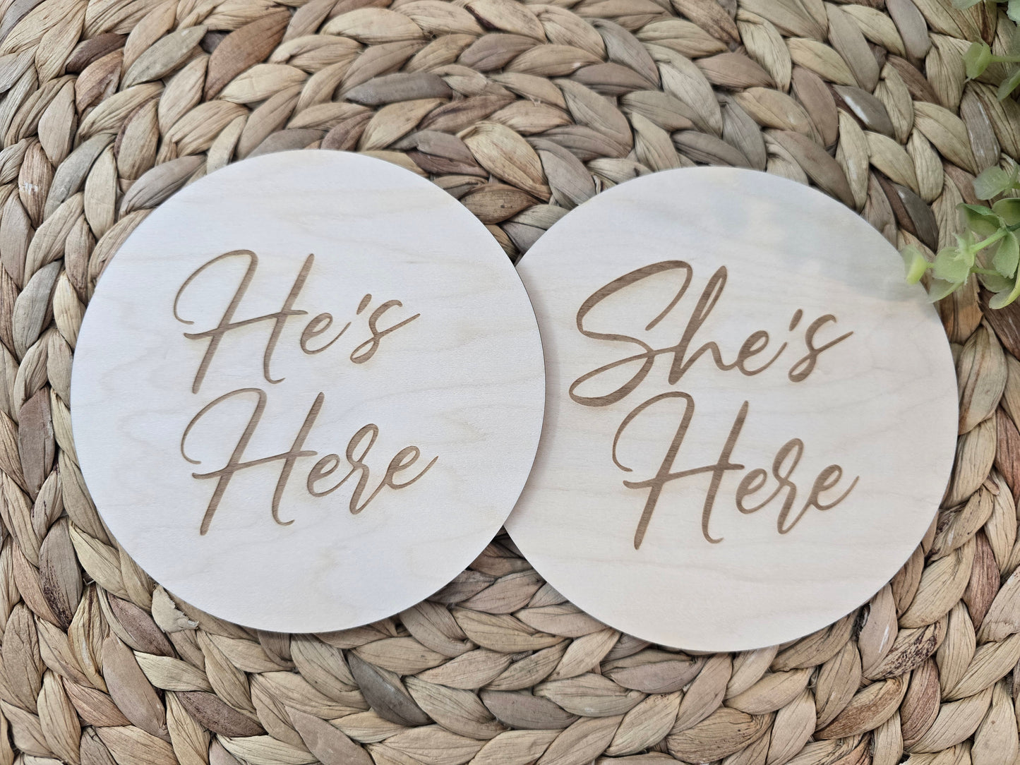 He’s Here / She’s Here Wooden Baby Announcement Round – Newborn Arrival Sign – Birth Announcement Photo Prop – Baby Keepsake