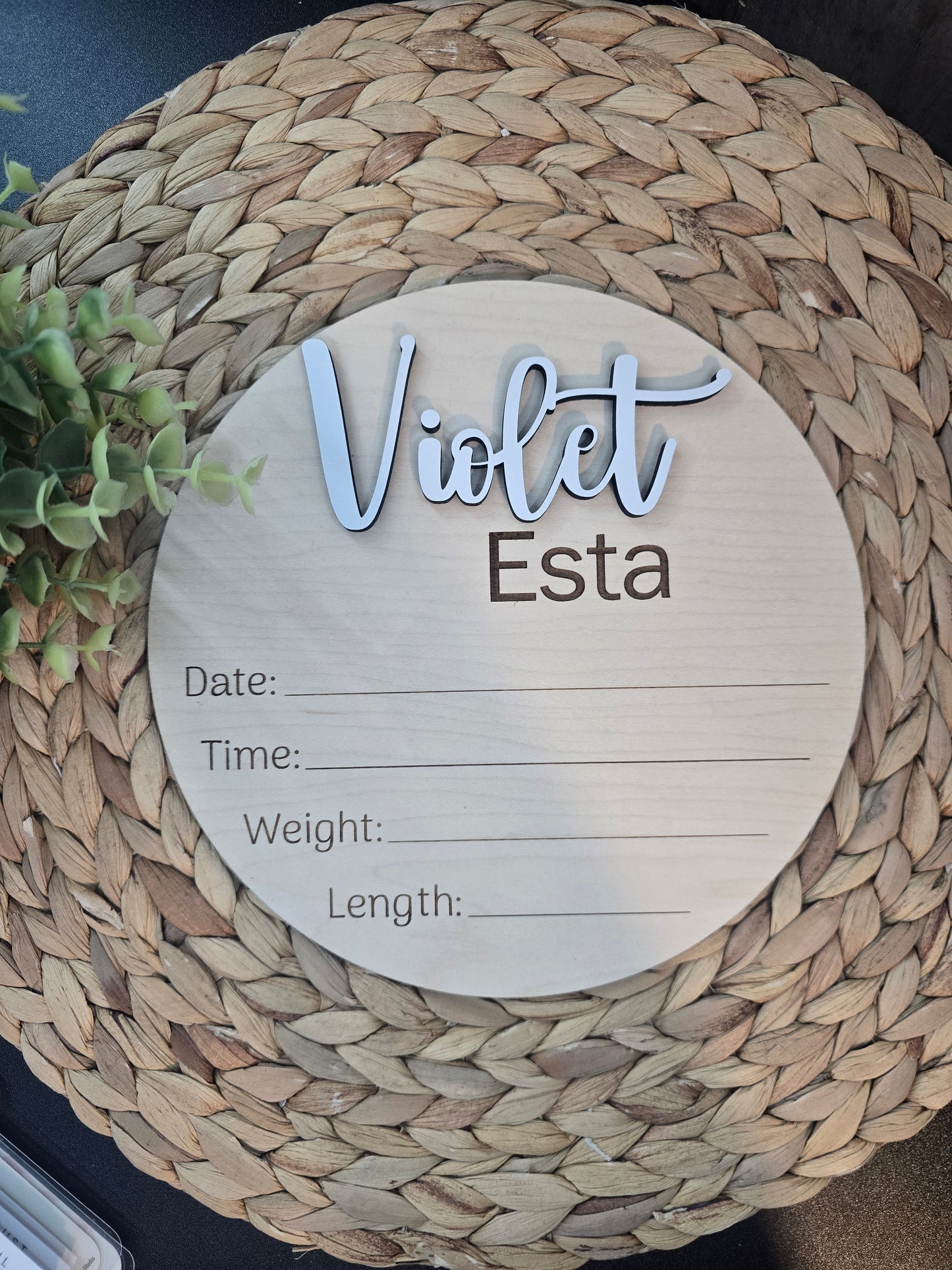 Birth Stats Baby Announcement Round – Wooden Newborn Name Sign – Hospital Photo Prop – Personalized Keepsake (6 in or 8 in)
