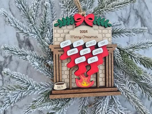 Personalized Fireplace Family Ornament - Custom Stocking Ornament for up to 12 Names - Heartwarming Family Keepsake