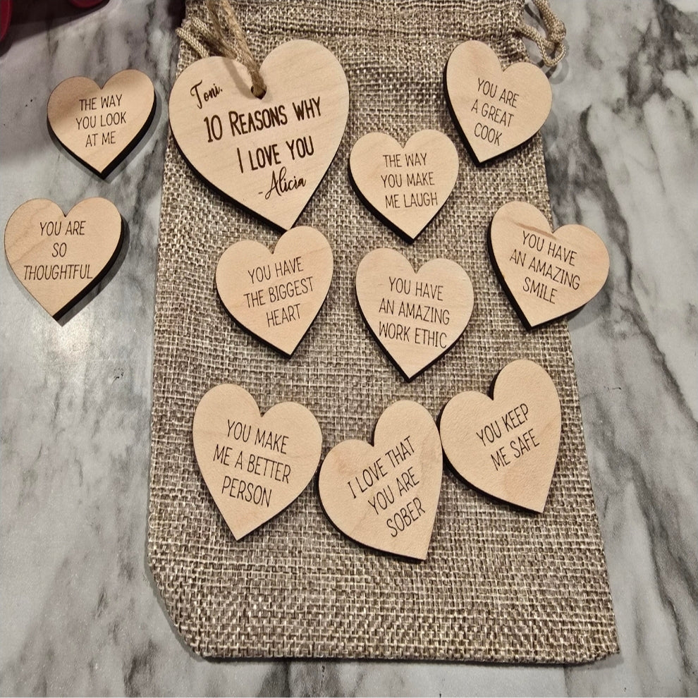 Personalized “Reasons Why I Love You” Wooden Heart Tokens