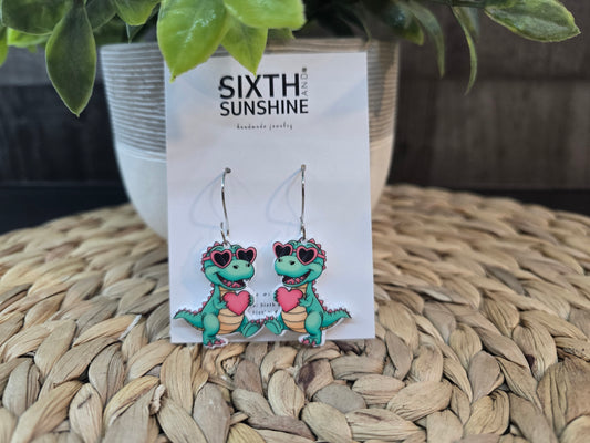 Cute Dino Heart Earrings | Fun Valentine Earrings | Lightweight Statement Dangles
