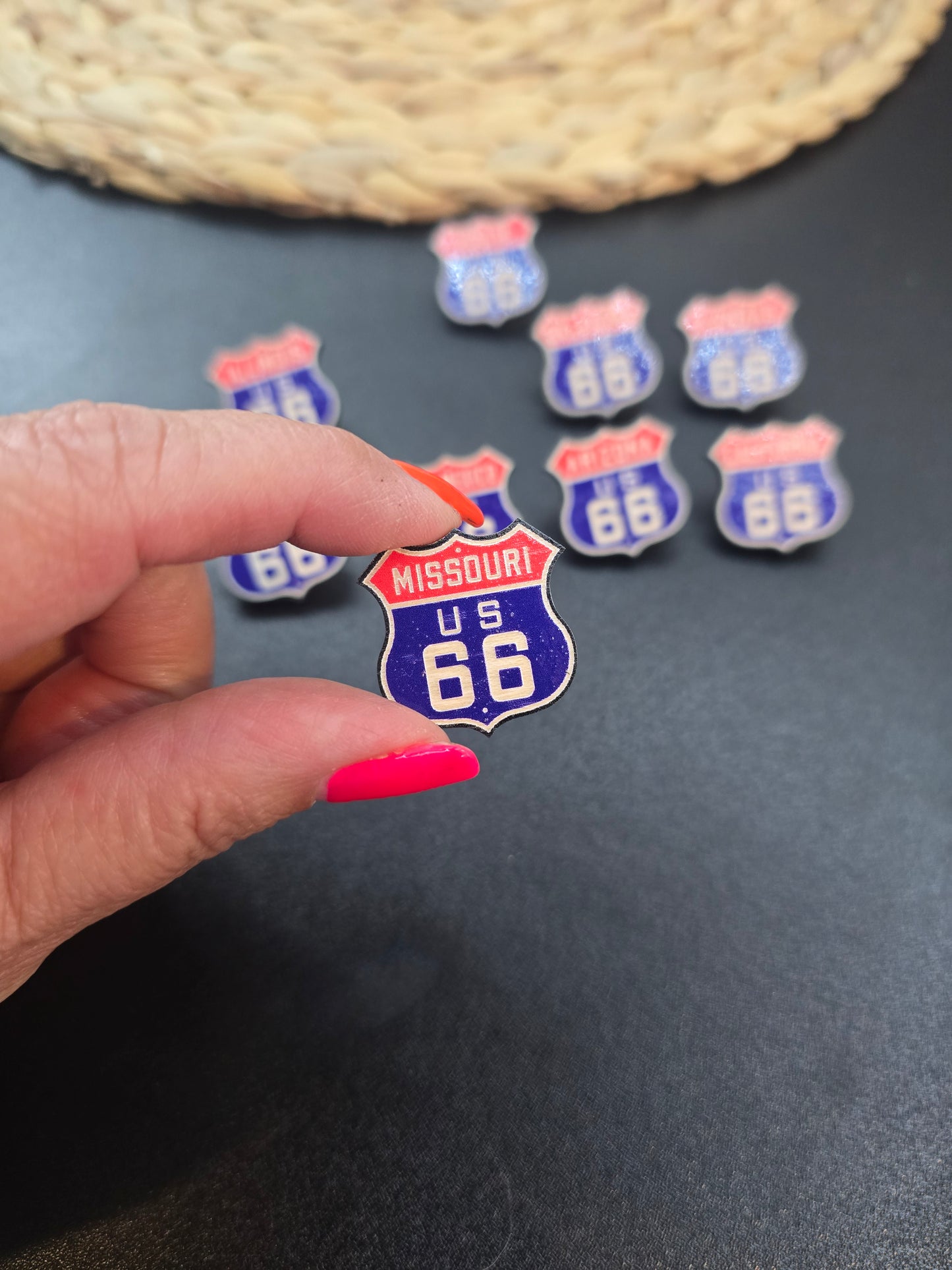 Route 66 Wooden Lapel Pin | Engraved or Full Color UV Printed | Travel Pin | Route 66 Gift | Road Trip Souvenir