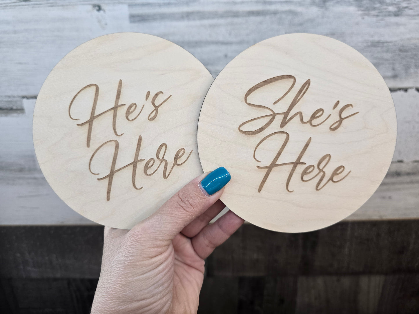 He’s Here / She’s Here Wooden Baby Announcement Round – Newborn Arrival Sign – Birth Announcement Photo Prop – Baby Keepsake