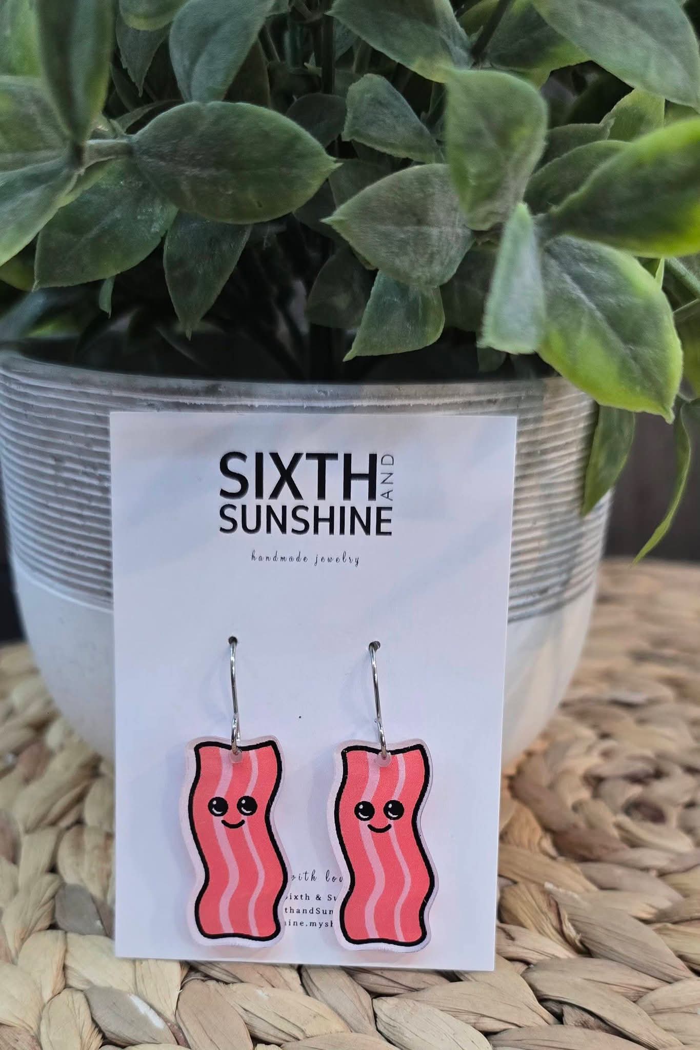 Cute Bacon Acrylic Earrings – Funny Food Statement Dangles, Breakfast Lover Jewelry