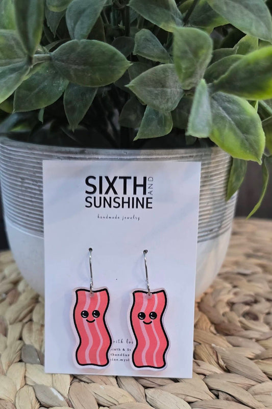 Cute Bacon Acrylic Earrings – Funny Food Statement Dangles, Breakfast Lover Jewelry