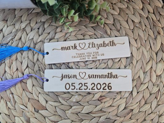 Personalized Wedding Favor Bookmark • Custom Save the Date • Laser‑Engraved Wood Bookmark with Chiffon Ribbon