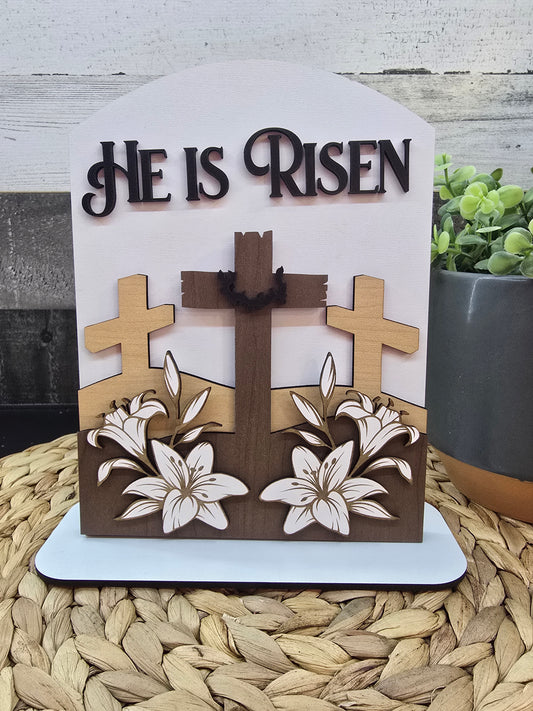 He Is Risen Wooden Easter Sign – Layered Crown and Lilies Christian Decor – Spring Scripture Tabletop Display