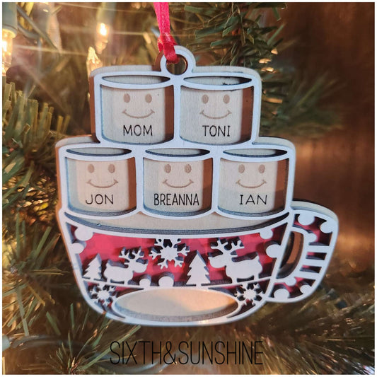 Personalized Marshmallow Family Ornament - Custom Hot Cocoa Christmas Ornament with Names - Holiday KeepsakeP