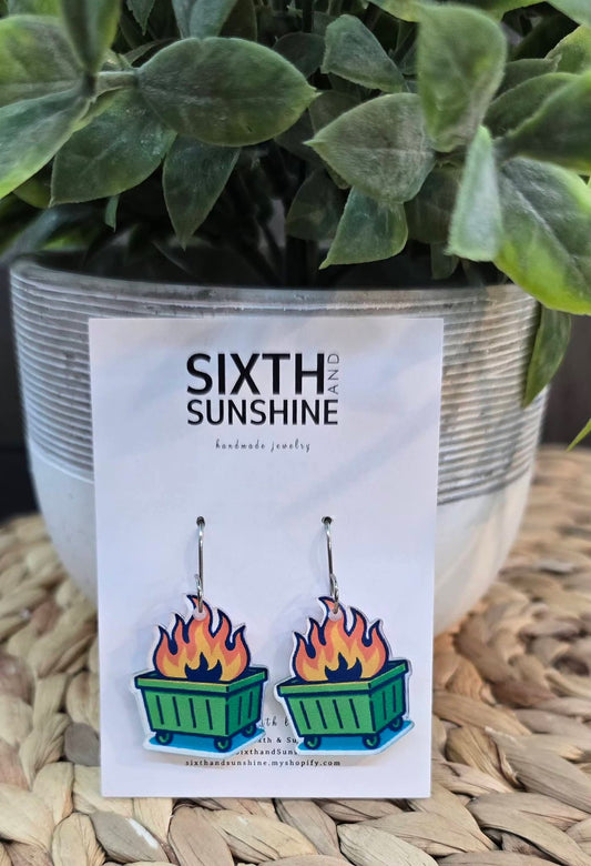 Dumpster Fire Acrylic Earrings – Funny Chaos Statement Dangles, Humor Jewelry for Everyday Disasters