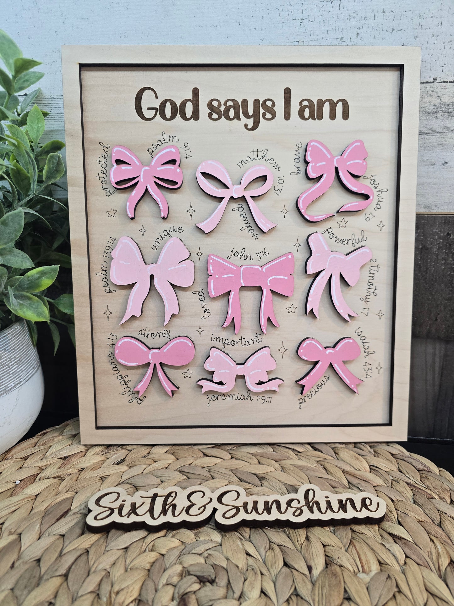 God Says I Am – Laser Engraved Christian Sign with Bow | Faith‑Inspired Wall Decor