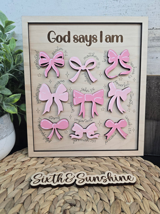 God Says I Am – Laser Engraved Christian Sign with Bow | Faith‑Inspired Wall Decor