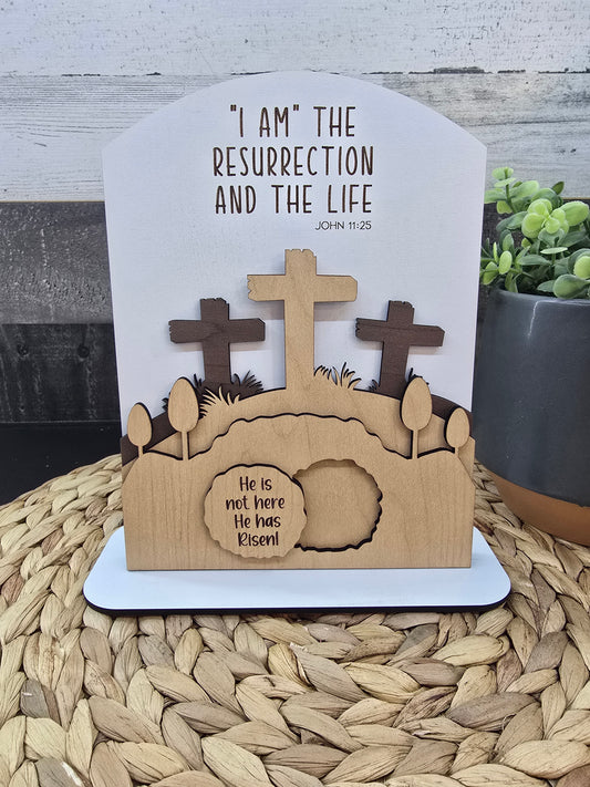 “I Am the Resurrection and the Life” Easter Sign – Wooden Scripture Tabletop Decor – Christian Spring Home Accent