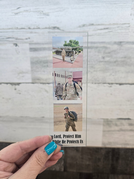 Personalized Military Photo Bookmark (3 Photos) | Custom Soldier Gift | Deployment Gift | “Lord Protect Him” Acrylic Bookmark