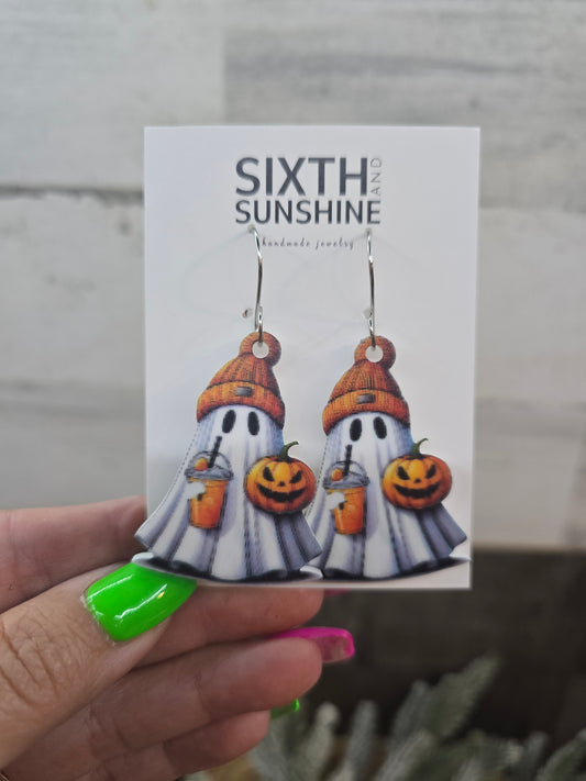 Pumpkin Spice Ghost Dangle Earrings - Halloween and Fall Jewelry