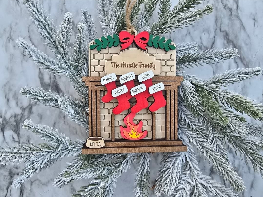 Personalized Fireplace Family Ornament - Custom Stocking Ornament for up to 12 Names - Heartwarming Family Keepsake