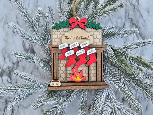 Personalized Fireplace Family Ornament - Custom Stocking Ornament for up to 12 Names - Heartwarming Family Keepsake