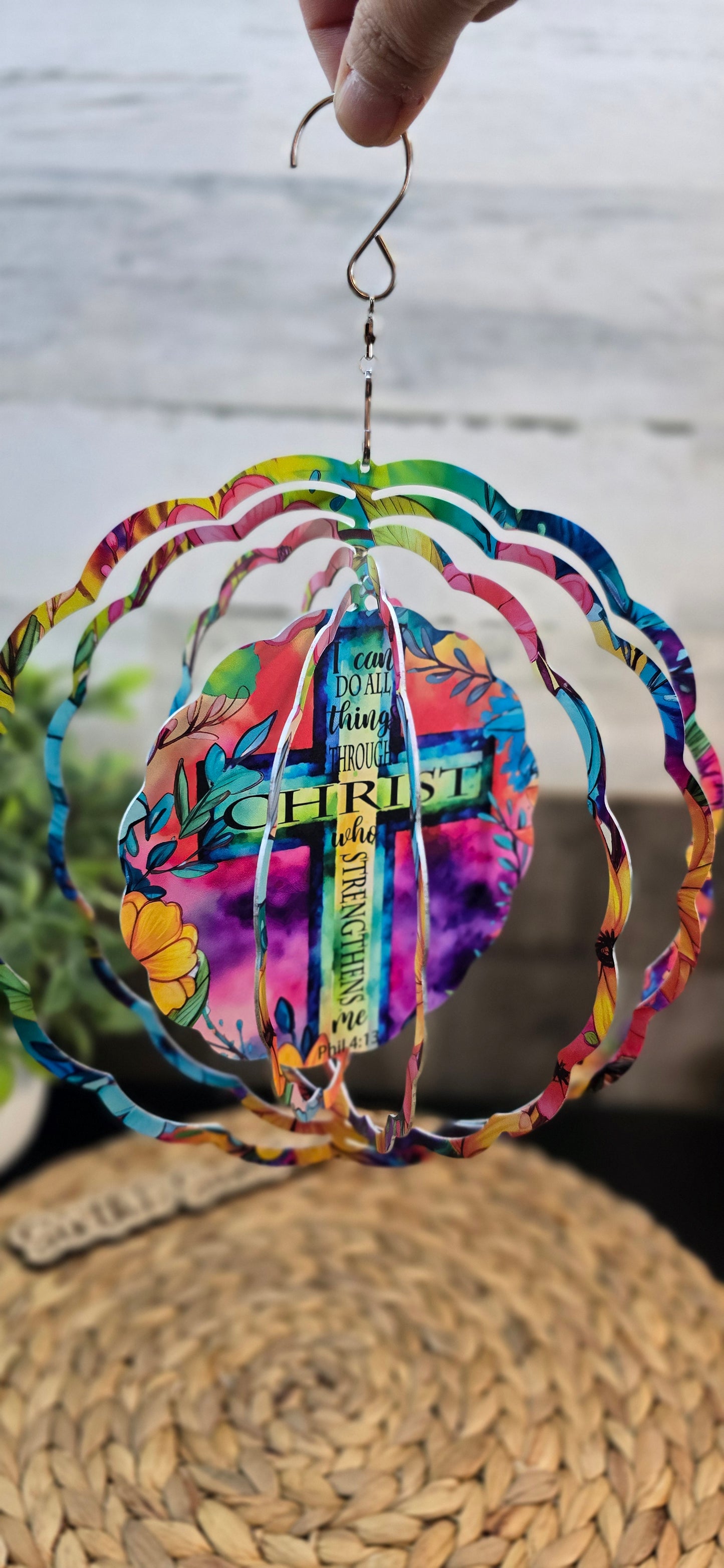 I Can Do All Things Through Christ Wind Spinner – 8” Christian Porch Decor – Philippians 4:13 Metal Hanging Spinner