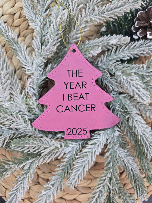 The Year I Beat Cancer Ornament - Pink Leatherette Tree - Breast Cancer Survivor Keepsake