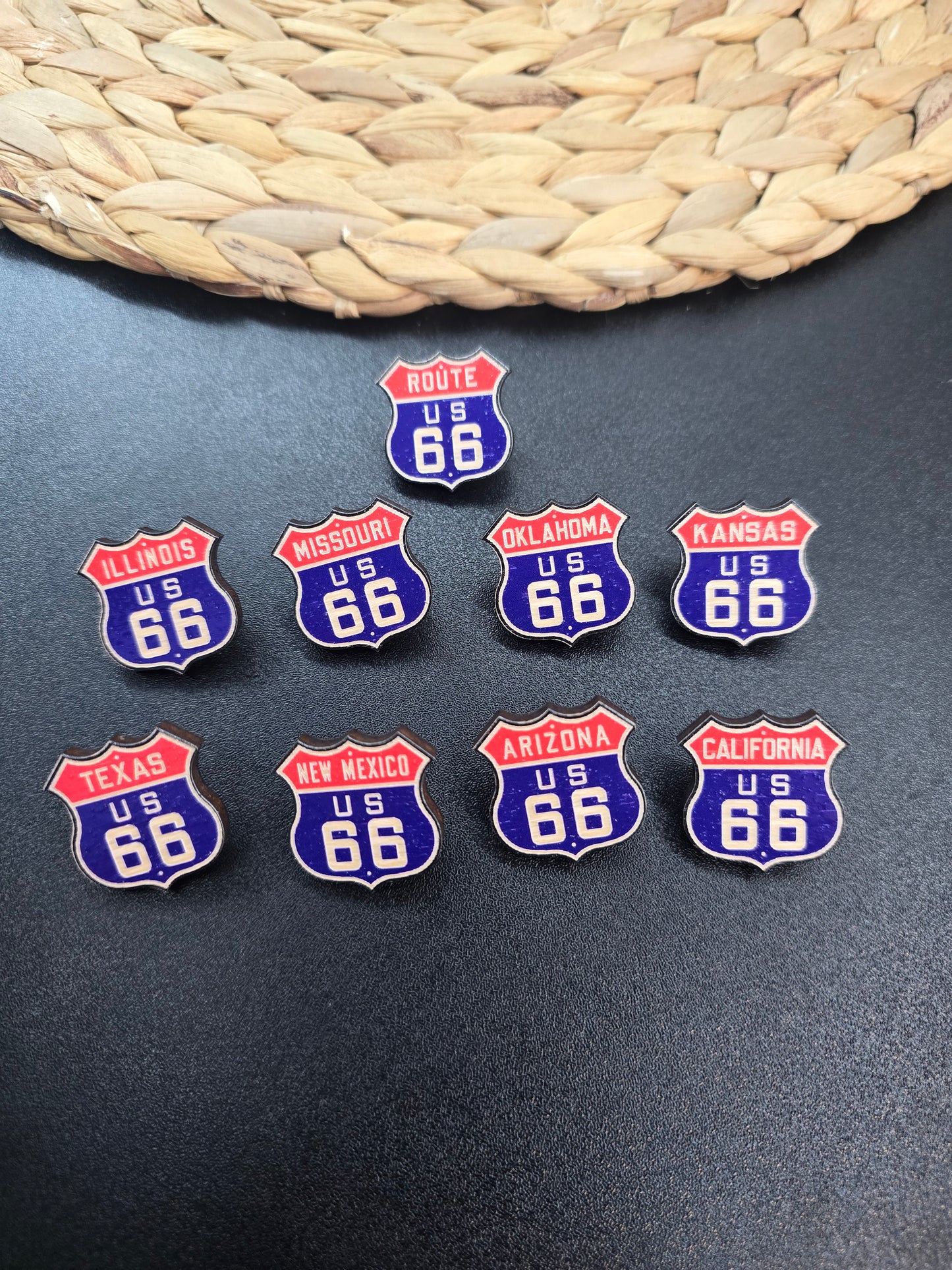 Route 66 Wooden Lapel Pin | Engraved or Full Color UV Printed | Travel Pin | Route 66 Gift | Road Trip Souvenir