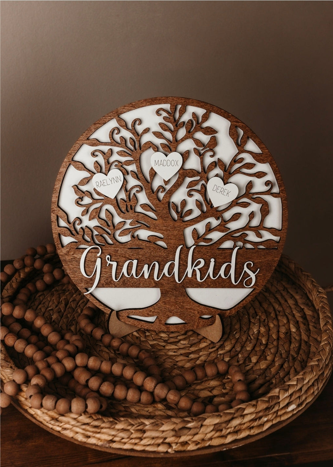 Personalized Grandkids Sign – Custom Family Name Sign with Grandchildren’s Names & Hearts (10” Wooden Plaque)