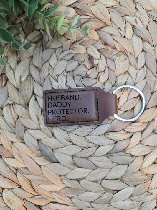 Husband Daddy Protector Hero Keychain, Gift for Dad, Father’s Day Gift, New Dad Gift, Husband Gift from Wife, Leather Keychain for Men, Dad Gift