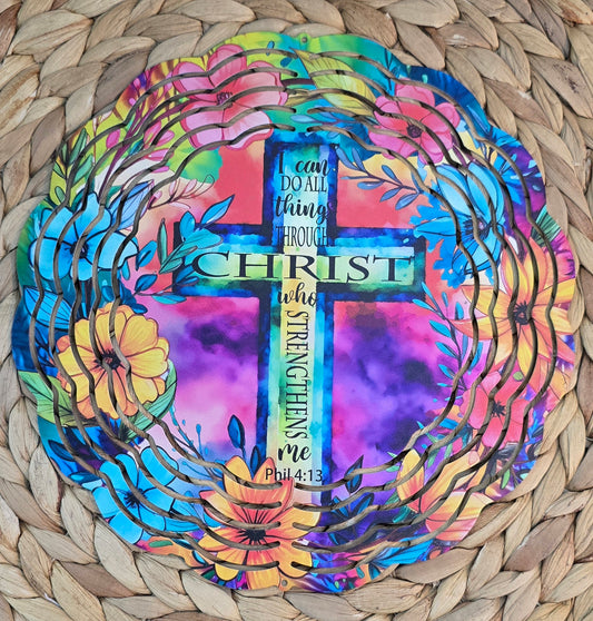I Can Do All Things Through Christ Wind Spinner – 8” Christian Porch Decor – Philippians 4:13 Metal Hanging Spinner