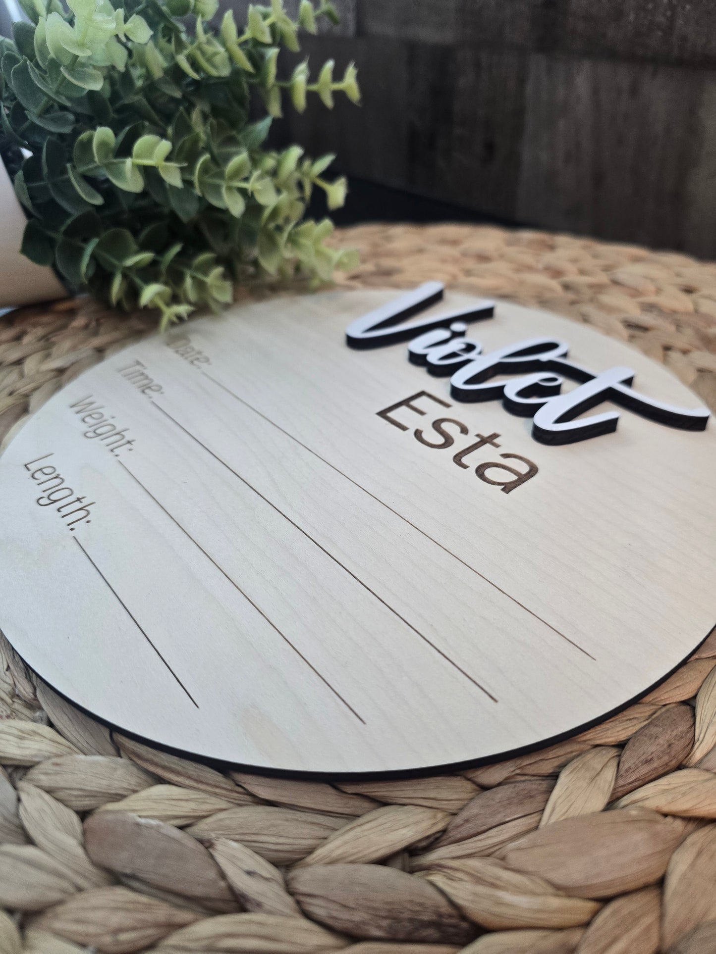 Birth Stats Baby Announcement Round – Wooden Newborn Name Sign – Hospital Photo Prop – Personalized Keepsake (6 in or 8 in)