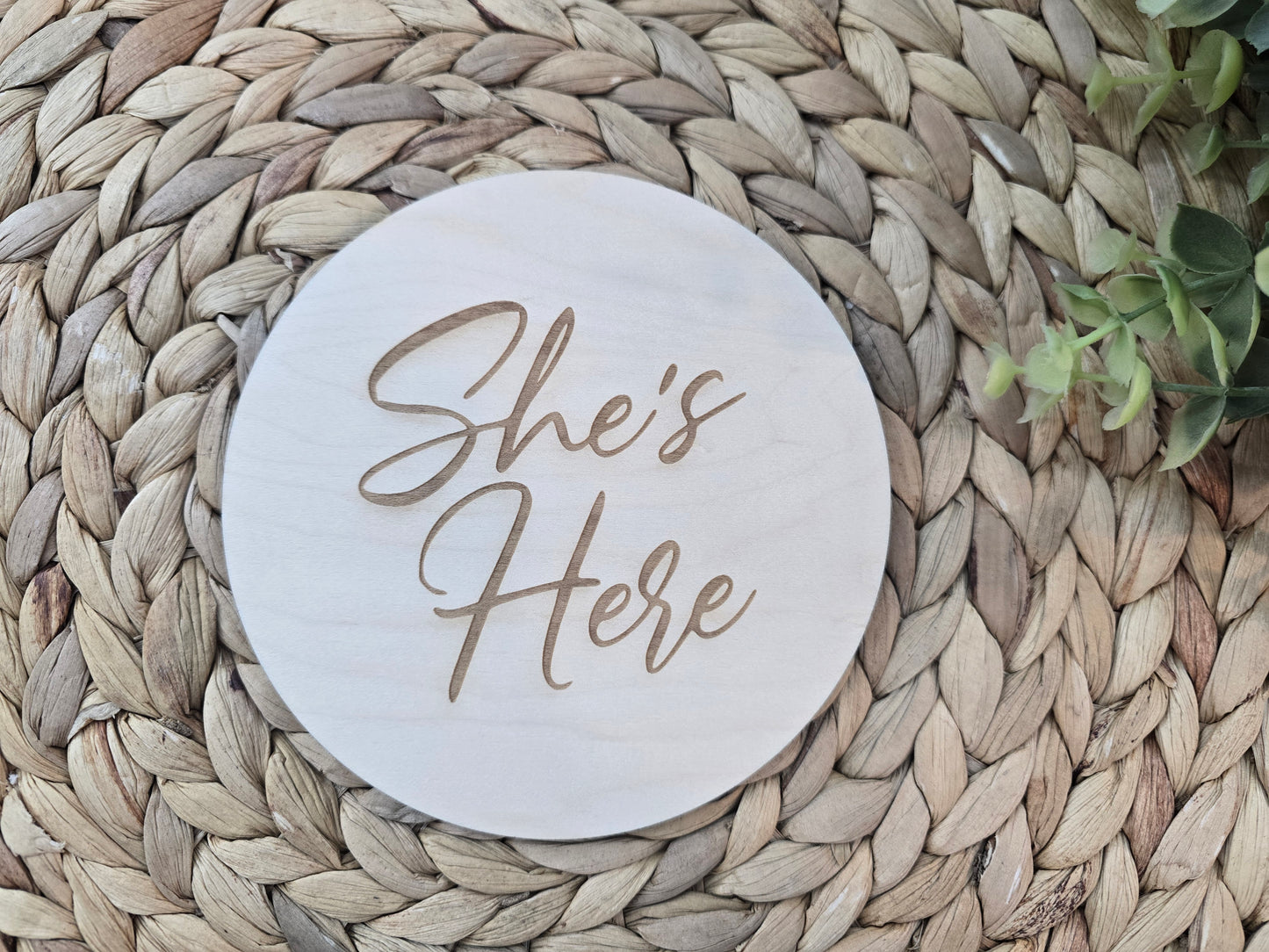 He’s Here / She’s Here Wooden Baby Announcement Round – Newborn Arrival Sign – Birth Announcement Photo Prop – Baby Keepsake