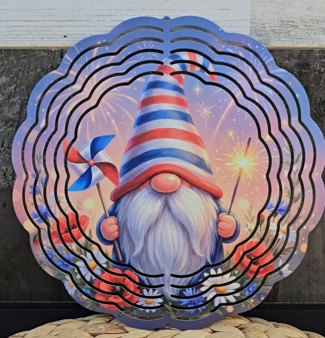 Patriotic Gnome Wind Spinner – 8” Americana Metal Hanging Spinner for Porch, Patio & Garden Decor